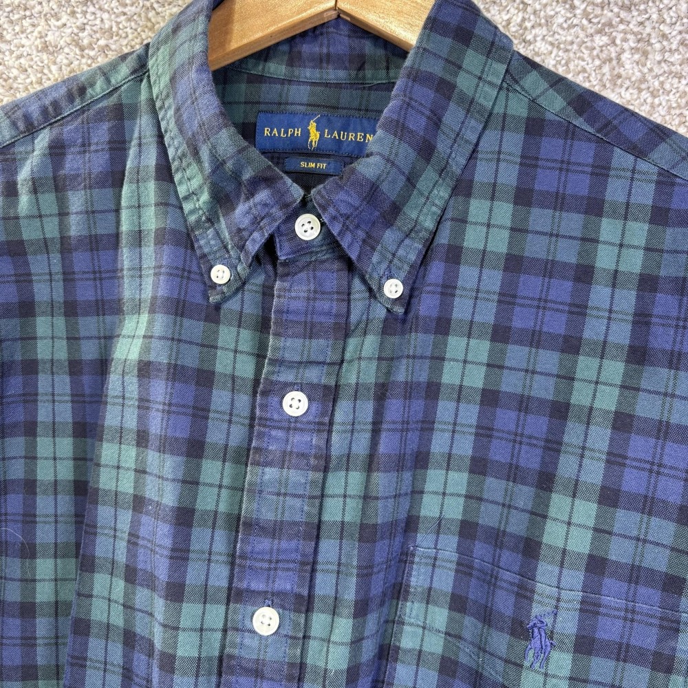 Ralph Lauren Slim Fit Blackwatch Plaid Linen Cotton Shirt Mens XL Blue‎ Green